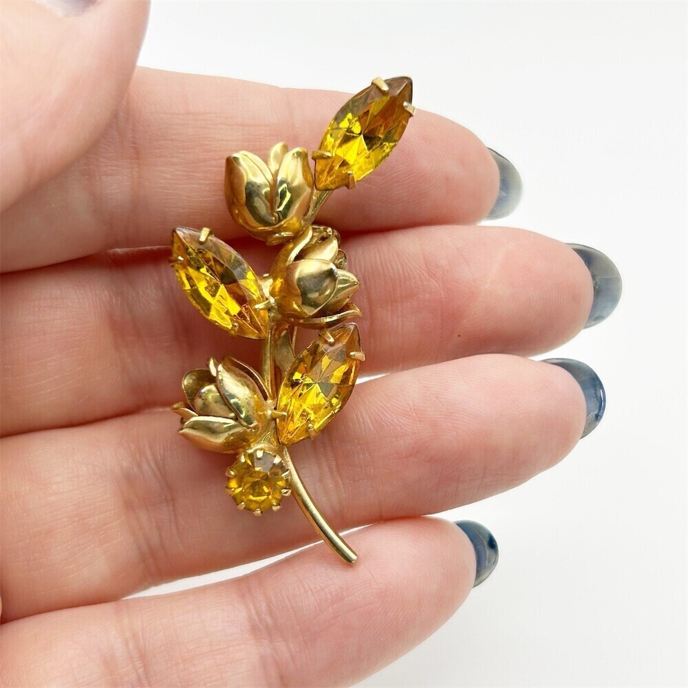 Vintage Small Dainty Floral Spray Brooch Pin Gold Tone Amber Yellow Rhinestones